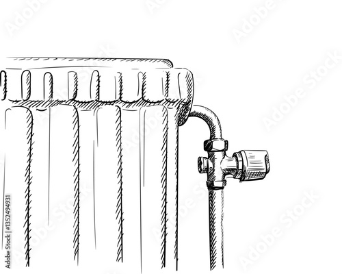 Hand-drawn vector illustration of a classic cast iron radiator with a metal pipe and valve, sketched in black lines with hatching on a white background. Minimalistic style, for home heating concepts