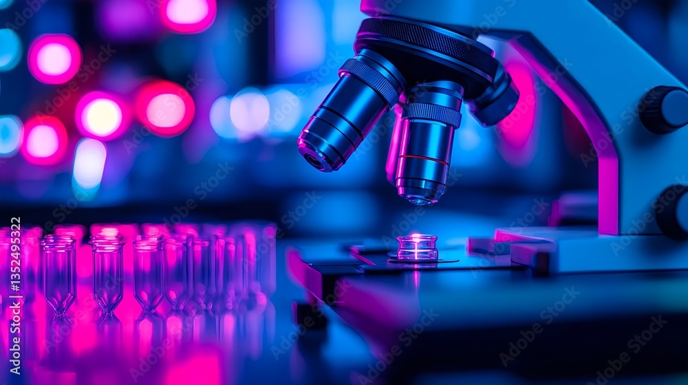 Vibrant Lab Scene Featuring Microscope and Test Tubes in Action Vibrant Lab Scene Featuring Microscope and Test Tubes in Action