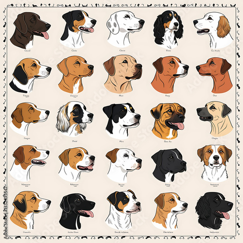 Variety of Dogs,Popular Dog Breeds,Cute and smile dog heads doodle vector set. Comic happy dog faces character design of corgi, beagle and Cute facial expression icon of the dog.