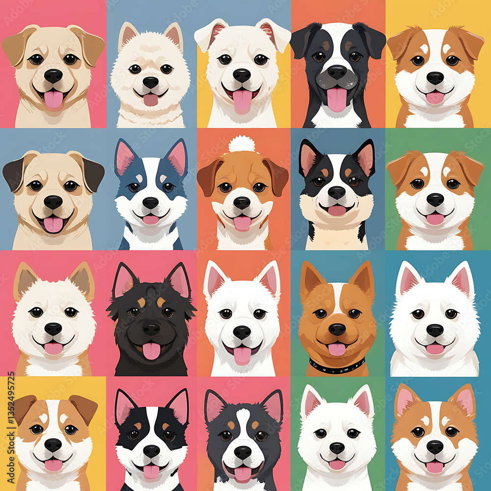 Fototapeta premium Variety of Dogs,Popular Dog Breeds,Cute and smile dog heads doodle vector set. Comic happy dog faces character design of corgi, beagle and Cute facial expression icon of the dog.