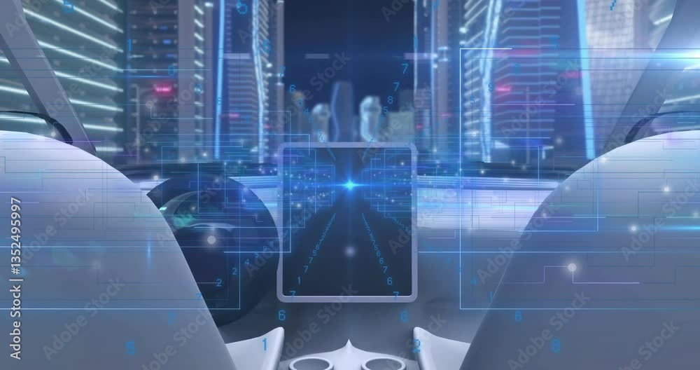 Digital interface overlay showing data and technology elements in futuristic cityscape