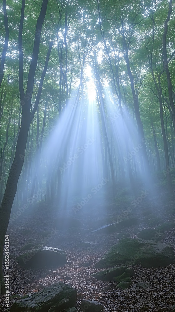 Fototapeta premium Sunbeams in Misty Forest.