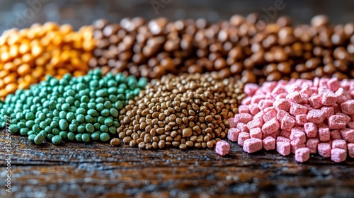 Assorted granular fertilizer types.  Various colors of nutrient pellets