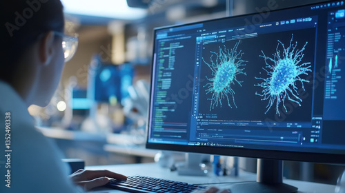 Close up of bacteriophage model in scientific research and computer analysis