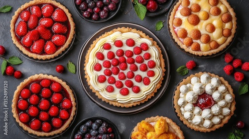 Assorted mini fruit tarts arranged on dark surface photo