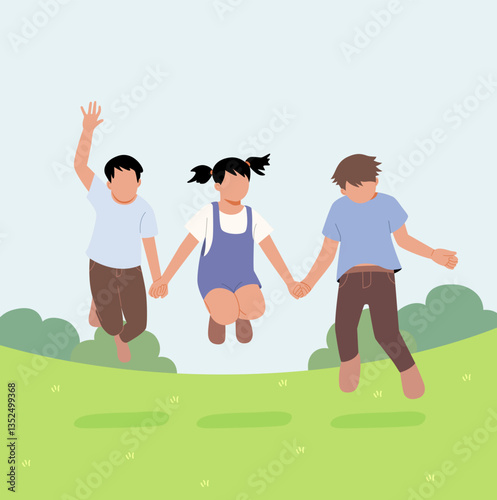 Group of Happy boys and girls jumping in park