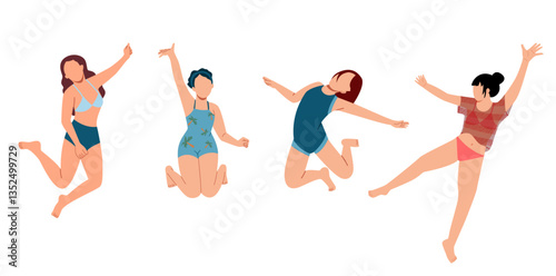 woman  jumping excitedly wearing a swimsuit. 