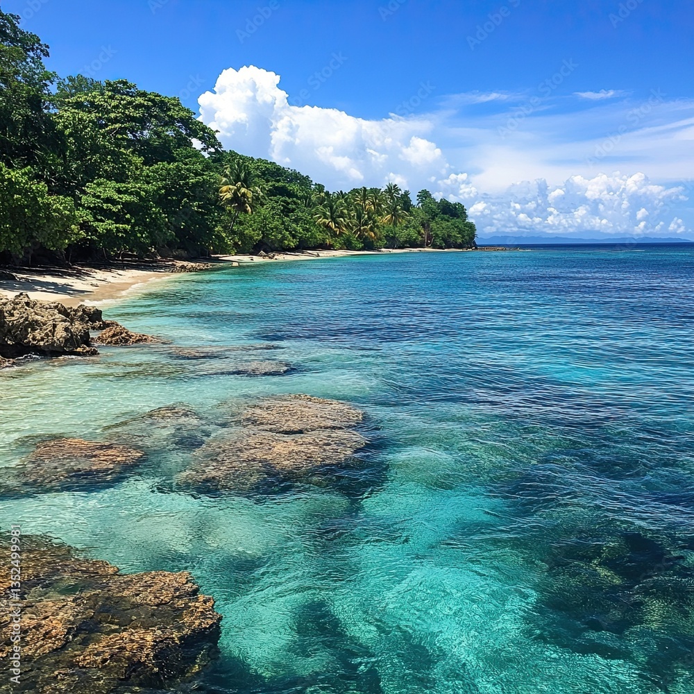 Fototapeta premium A tropical island coastline with a coral reef