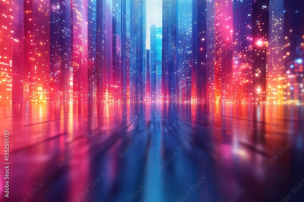 A vibrant digital cityscape featuring colorful lights and reflections, creating a futuristic atmosphere of innovation and energy. A vibrant digital cityscape featuring colorful lights and reflections, creating a futuristic atmosphere of innovation and energy.