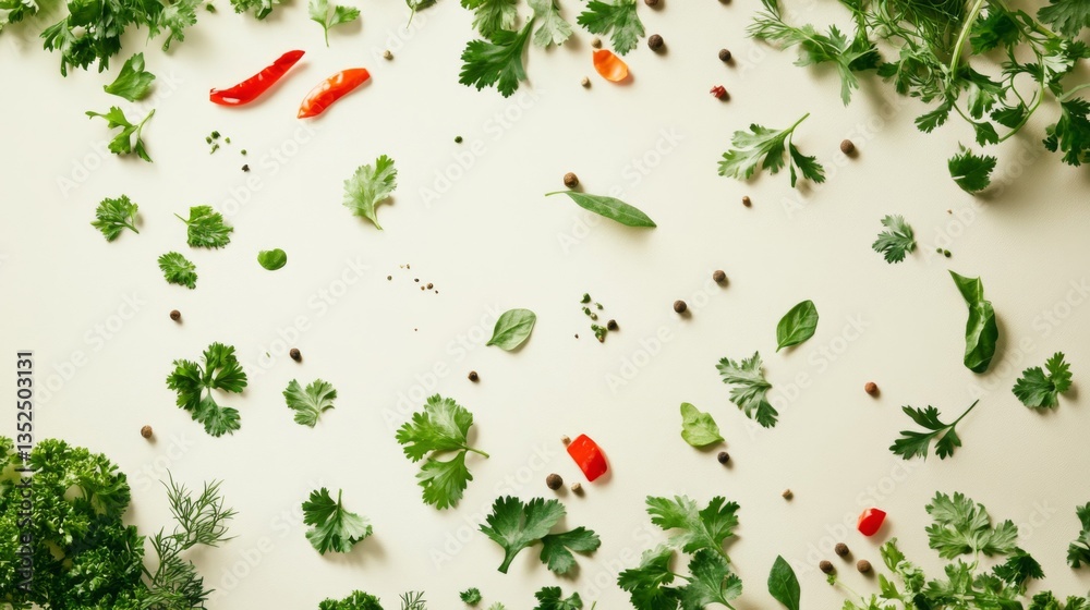 Fototapeta premium Scattered Herbs and Spices on White Background