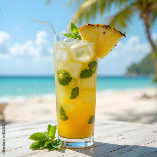 A refreshing tropical juice blend in a tall glass with ice cubes, garnished with a slice of pineapple and mint leaves, set on a beachside table, mojito cocktail on the beach