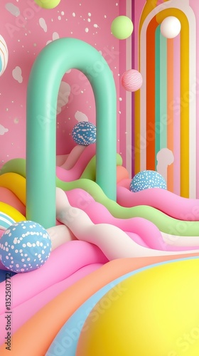 A colorful abstract room with archways and playful spheres