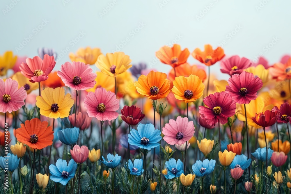 Obraz premium A vibrant field of colorful flowers blooming under a clear sky, showcasing nature's beauty and the joy of spring blossoming.