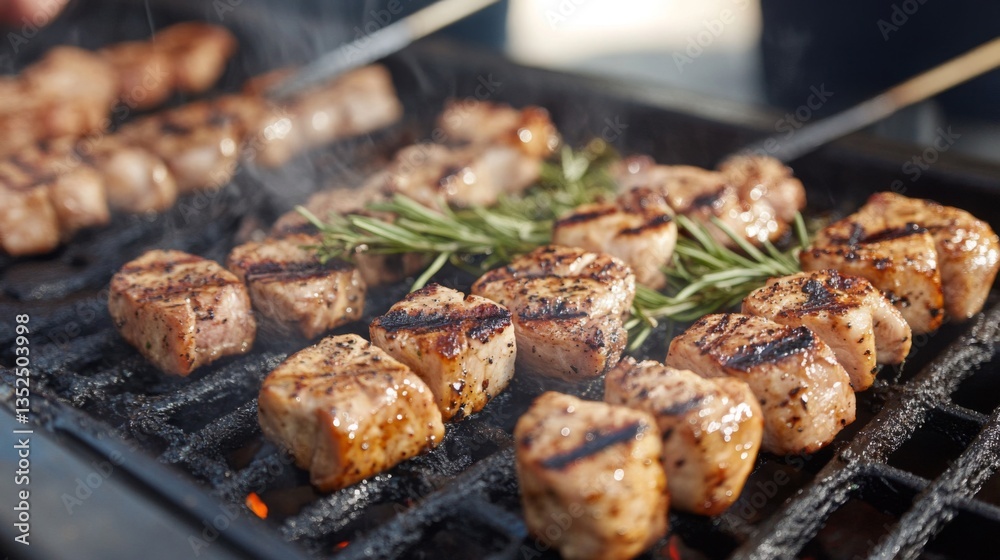Grilled Pork Skewers with Rosemary on BBQ Grill Grilled Pork Skewers with Rosemary on BBQ Grill