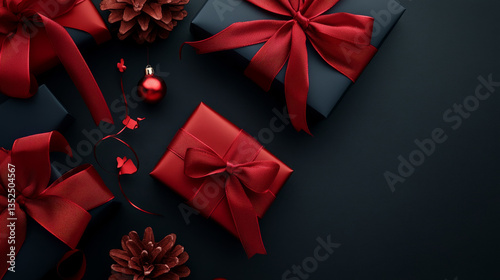 Set of four vector gift wrapping designs with red shiny realistic ribbons isolated on transparent background