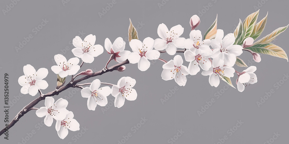 Blooming cherry blossom branch with white flowers on gray background Blooming cherry blossom branch with white flowers on gray background