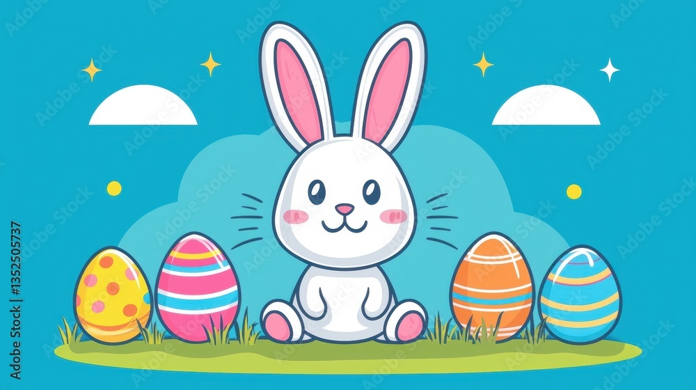 Cute cartoon bunny sits happily in front of colorful Easter eggs on a bright blue background with clouds Cute cartoon bunny sits happily in front of colorful Easter eggs on a bright blue background with clouds