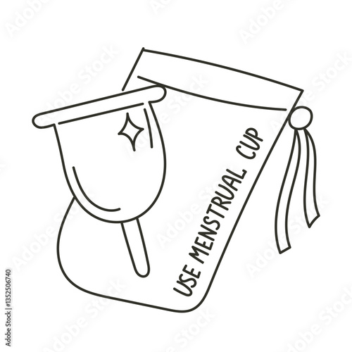 Menstrual Cup with Storage Bag and Use Menstrual Cup Message. Black and White Linear Illustration