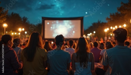 Fototapeta Naklejka Na Ścianę i Meble -  Families enjoy outdoor movie night under starry sky. Diverse people watch film on large screen. People sitting, relaxing, fun, community bonding, leisure time at cinema. Event with crowd watching