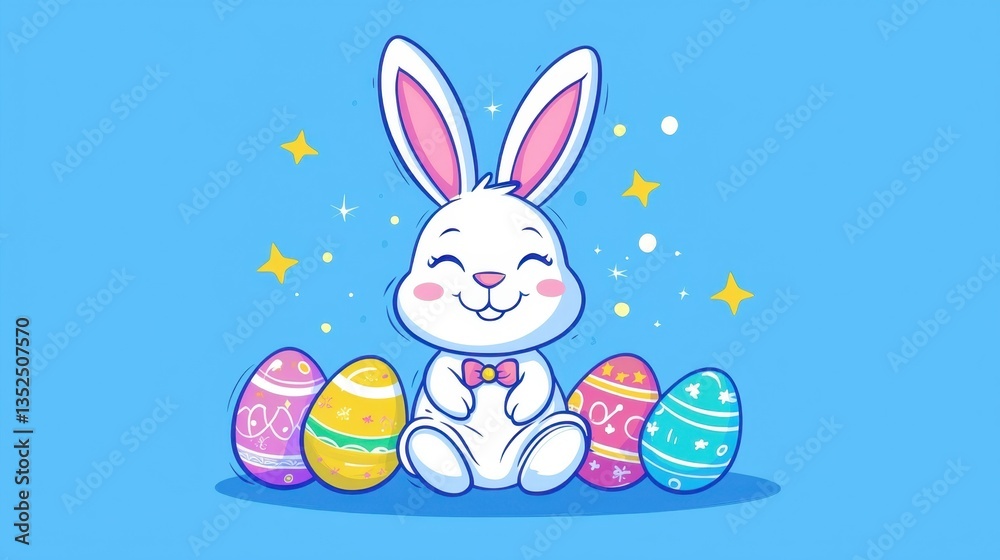 Cute bunny character with colorful Easter eggs on a bright blue background celebrating the festive season in a cheerful setting