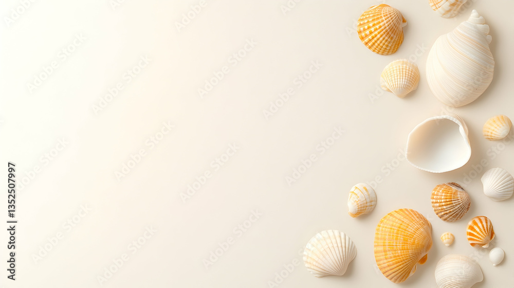 Fototapeta premium Seashells arranged on beige background, summer vacation concept, website banner