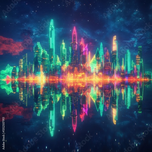 A vibrant futuristic cityscape reflecting in a tranquil water surface