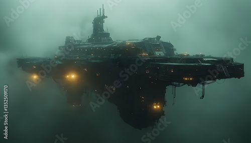 Futuristic floating spaceship emerging from dense fog, illuminated with glowing lights, evoking mystery