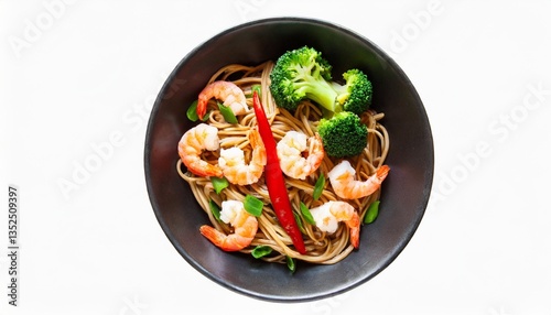 Japanese food. Udon with shrimp, red pepper and broccoli. Spicy dinner. Isolated on white background. Top view.