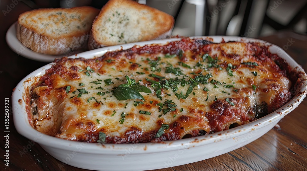 A hot and cheesy lasagna fresh out of the oven, garnished with basil and served with a side of garlic bread. A hot and cheesy lasagna fresh out of the oven, garnished with basil and served with a side of garlic bread.