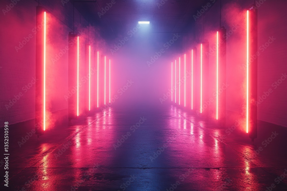 A vibrant, neon-lit corridor surrounded by mist, creating an atmospheric and futuristic ambiance. A vibrant, neon-lit corridor surrounded by mist, creating an atmospheric and futuristic ambiance.