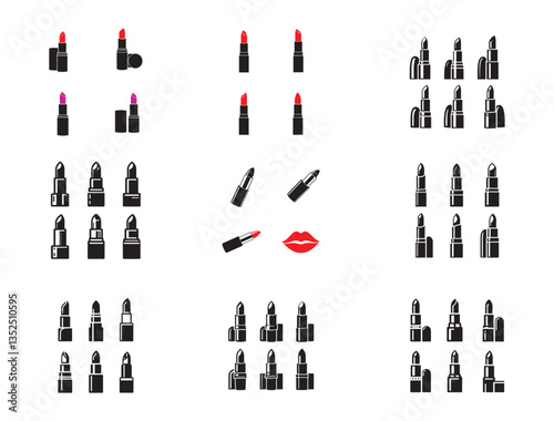 Lipstick collection, makeup products silhouette vector art illustration