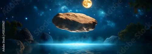 A floating rock 3D podium, hovering above a glowing mystical pool, bathed in magical moonlight