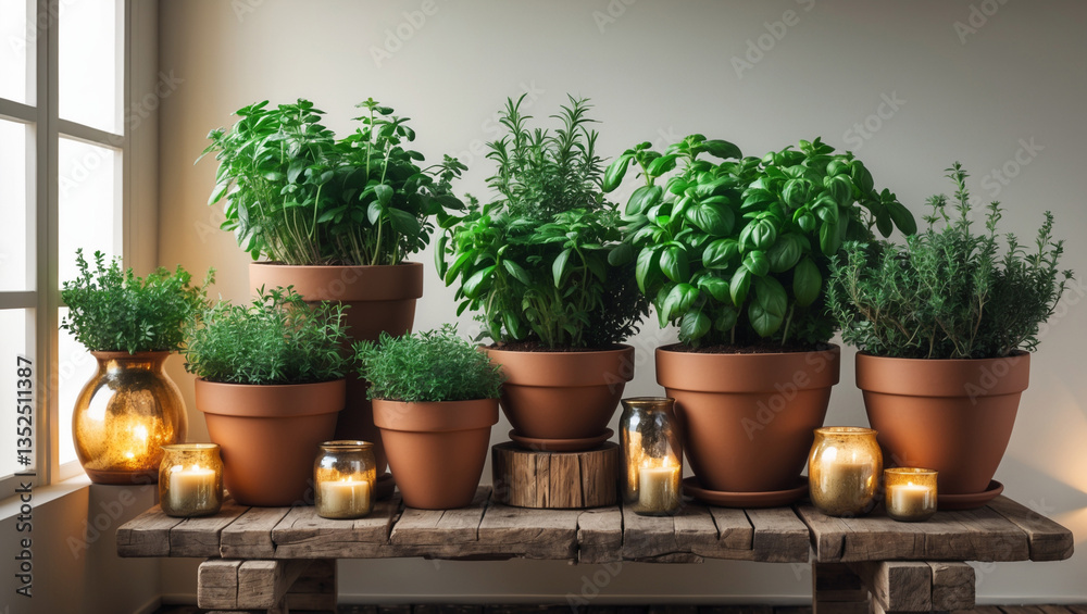 A serene collection of flourishing herbs in terracotta pots basking in warm, soft light on a rustic wooden table. A serene collection of flourishing herbs in terracotta pots basking in warm, soft light on a rustic wooden table.