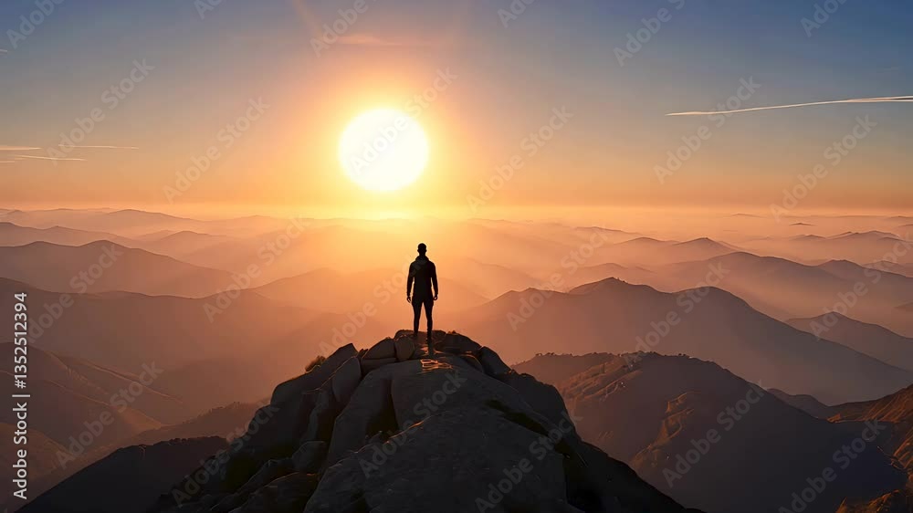 Hiker Standing on Mountain Summit Watching Sunrise Over Misty Hills in Peaceful Scenic Landscape
Hiker Standing on Mountain Summit Watching Sunrise Over Misty Hills in Peaceful Scenic Landscape