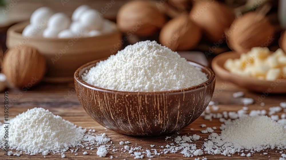 Bowl of powdered ingredient, surrounded by other food ingredients Bowl of powdered ingredient, surrounded by other food ingredients