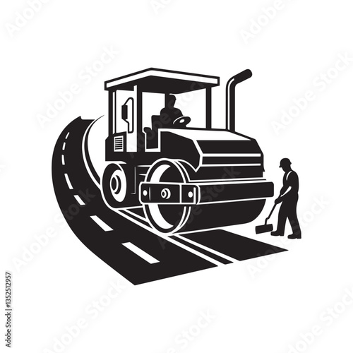 Road construction equipment, steam roller,  construction worker silhouette, black and white illustration