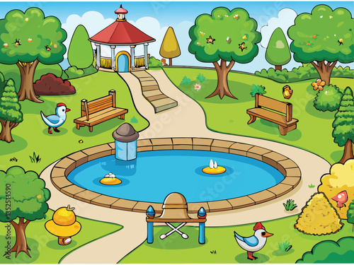 Children swimming and playing in a pool at a summer park with a house, trees, and a rainbow in the sky