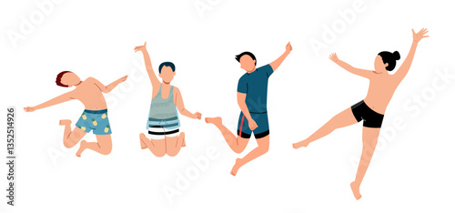 man  jumping excitedly wearing a swimsuit. 