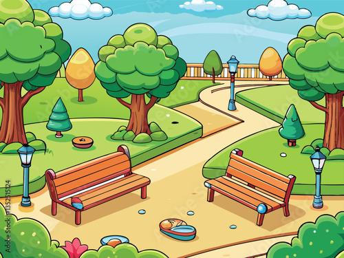 City summer park with green trees bench,Vector illustration of bench and streetlight in city park, A flat vector of a city park