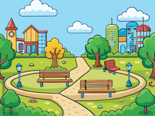 City summer park with green trees bench,Vector illustration of bench and streetlight in city park, A flat vector of a city park