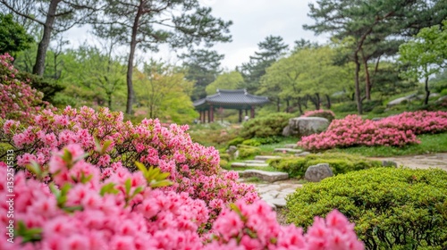 Wallpaper Mural pink azaleas and a stone path in a garden with a pavilion in the background.  Torontodigital.ca