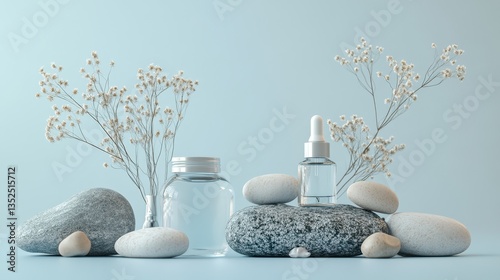 A vase with flowers and a bottle of perfume are on a rock