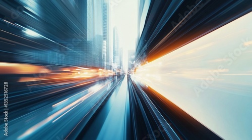 A fashionable urban cityscape featuring dynamic motion blur of cars and the sky, conveying the fast-paced, modern energy of metropolitan life. The sleek movement of vehicles combined with the stylish 