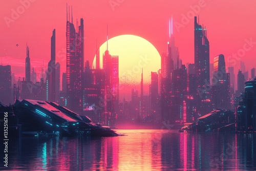 Futuristic cityscape silhouette reflecting a warm sunset over the water