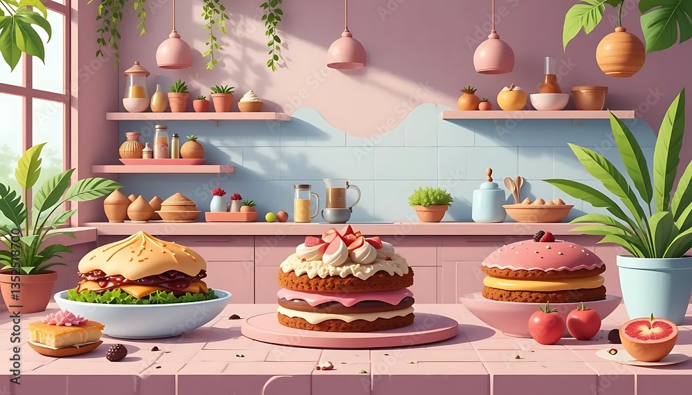 Colorful Bakery Display with Cakes, Burgers, and Fresh Ingredients in Bright Modern Kitchen Colorful Bakery Display with Cakes, Burgers, and Fresh Ingredients in Bright Modern Kitchen
