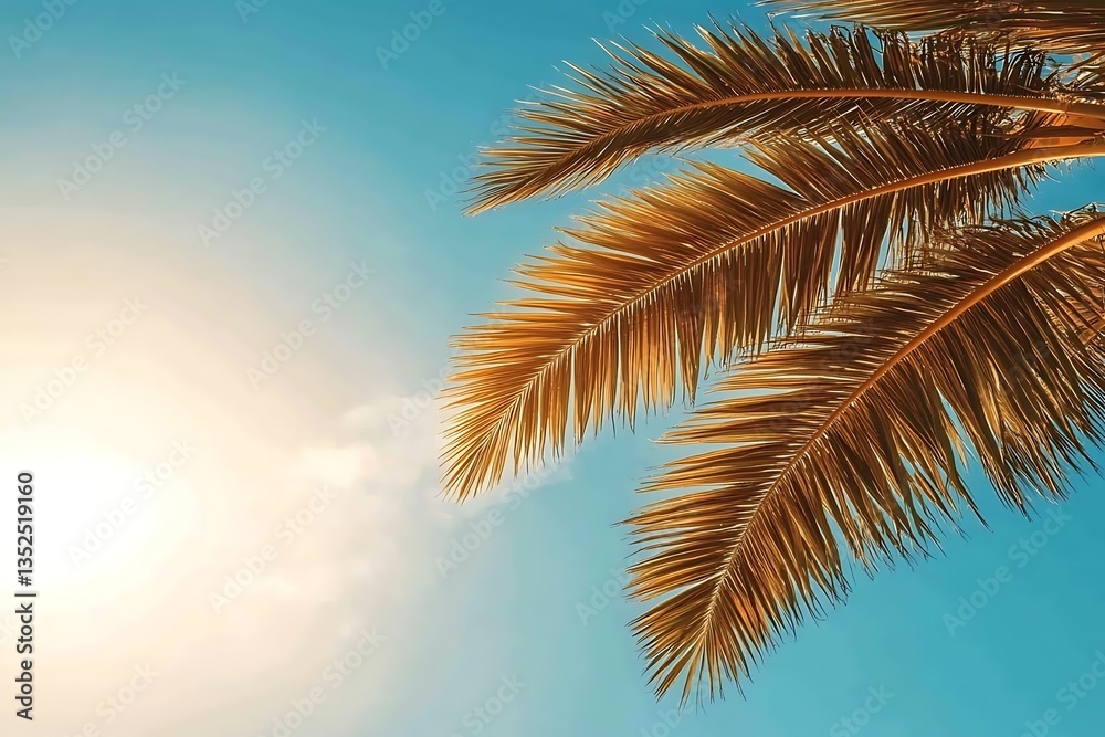Fototapeta premium Golden Palm Fronds Reaching Across a Clear Blue Sky