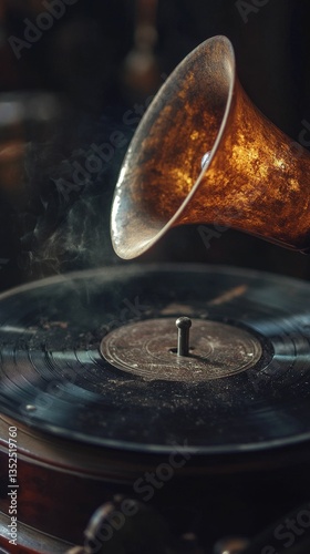 Vintage phonograph playing a smoky vinyl record.