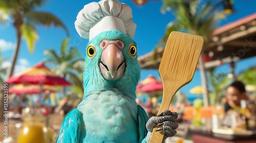 Cartoon blue parrot chef in cafe kitchen 