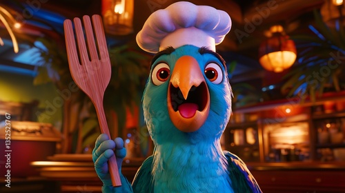 Cartoon blue parrot chef in cafe kitchen 