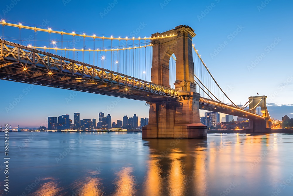Obraz premium A majestic suspension bridge, lit up at twilight, spans a river. City skyscrapers form a backdrop, reflecting in the calm water. The bridges architecture is elegantly detailed.